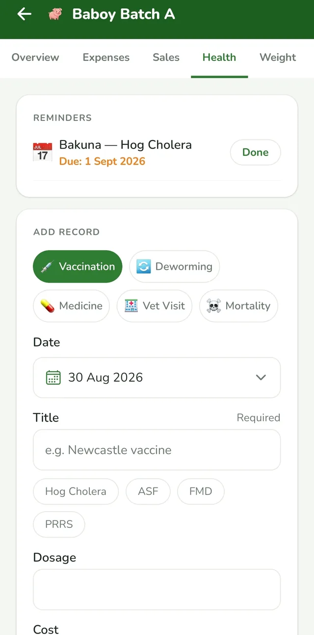 ANI Farm Manager โ paalala para sa bakuna at deworming (Bakuna โ Hog Cholera, due 1 Sept)