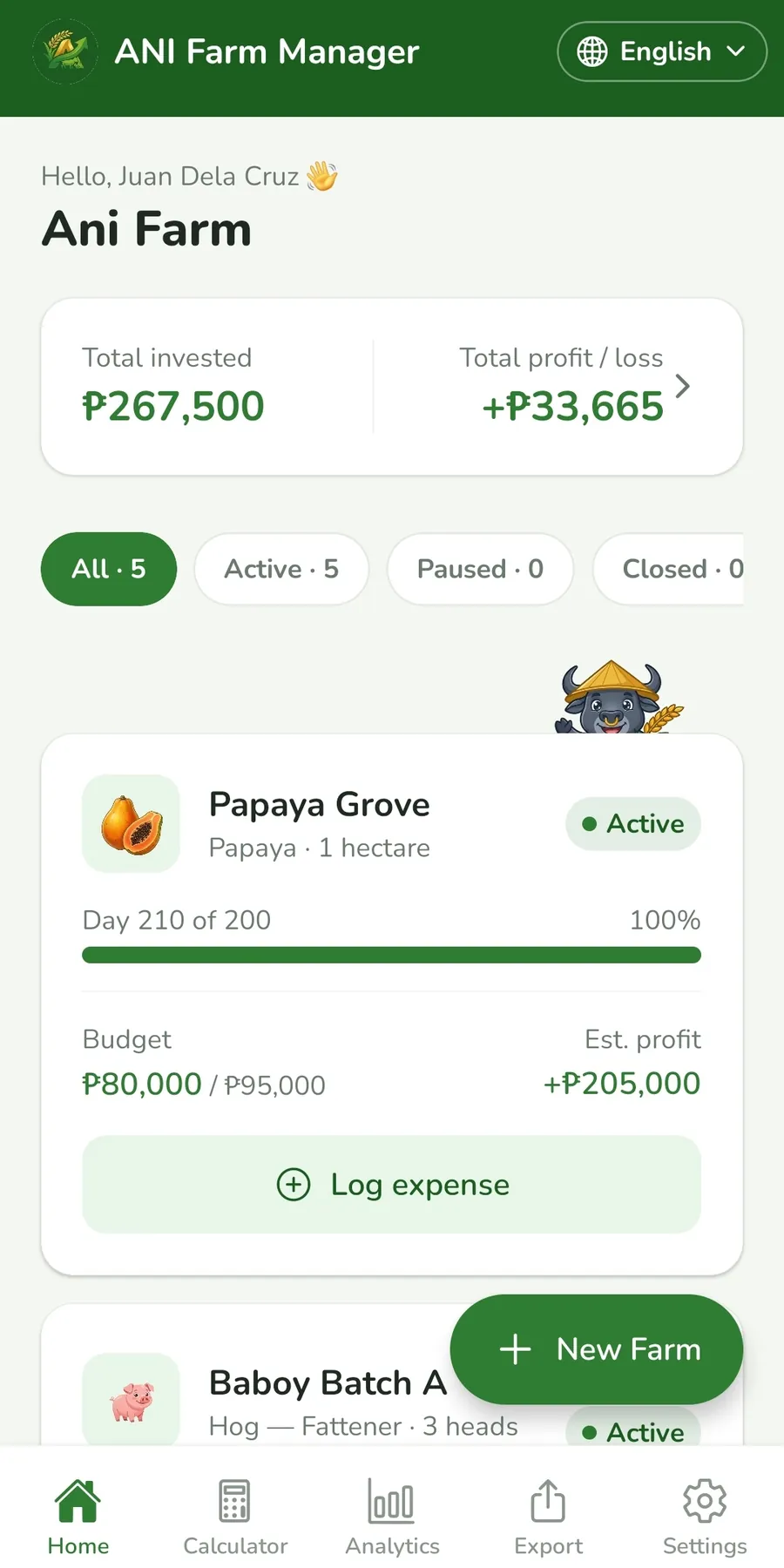 ANI Farm Manager home dashboard na nagpapakita ng kita